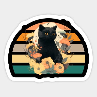 Black cat with flowers Sticker